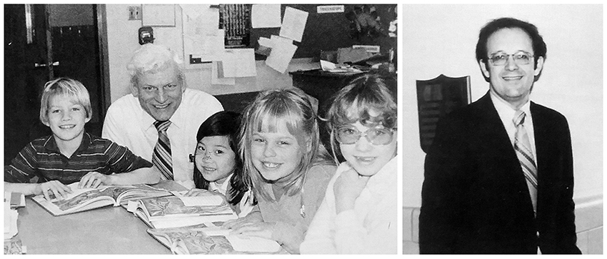 Black and white photographs from Marshall Road Elementary School yearbooks of Virgal H. Duffell and Alan E. Leis. Duffell is crouched down at a classroom table where a group of students are looking up from their work and smiling at the camera. Leis is standing in a hallway, smiling at the camera. 